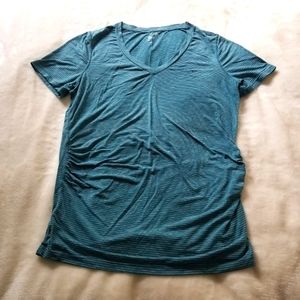 GapFit Breathe Maternity Tee Shirt Athleisure Teal Gray Pin Striped Ruched